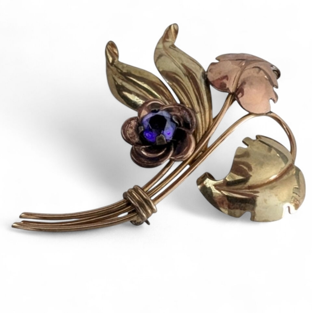 HARRY ISKIN Vintage Sapphire Brooch 1940 12K Gold Filled Floral Bouquet Pin
